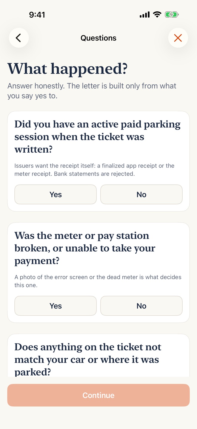 The questionnaire: yes-or-no questions such as whether you had an active paid parking session or whether the meter was broken.